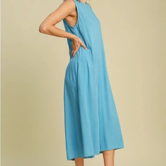 LAST TWO! 155 💕 Umgee Linen Sleeveless Blue Midi Dress - Picture 4 of 5